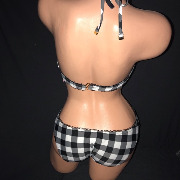 Betsey Johnson plaid black white checkered gingham swimsuit monokini bow vintage - Picture 4 of 6